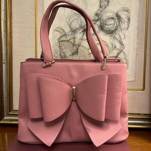 Pink Bow Accent Leather Tote Bag - Elegant Women's Handbag